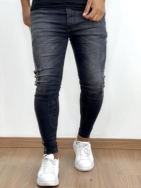 Calça Jeans Masculina Super Skinny Preta Lavada Com Strass Lateral