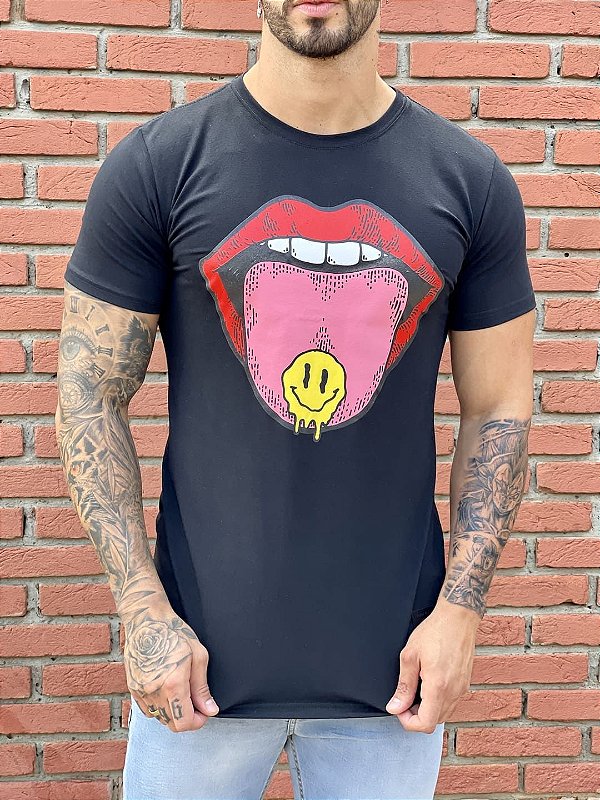 Camiseta Longline Masculina Preta Estampa Boca Smile % - Imperium Store |  Loja de roupas multimarcas masculina