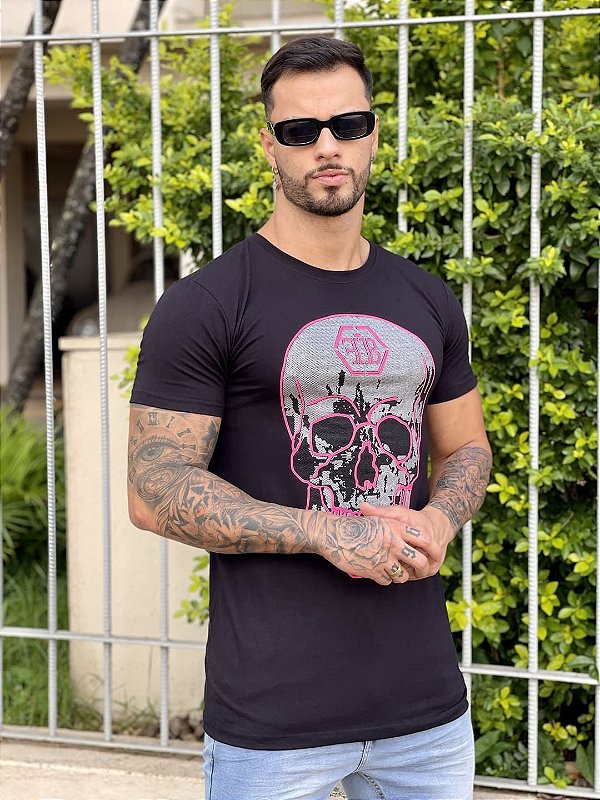 Camiseta Longline Masculina Preta Caveira e Cobra Pedraria - Imperium Store