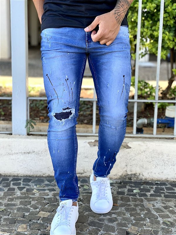 Calça Jeans Masculina Super Skinny Escura Destroyed Respingos - Imperium  Store | Loja de roupas multimarcas masculina