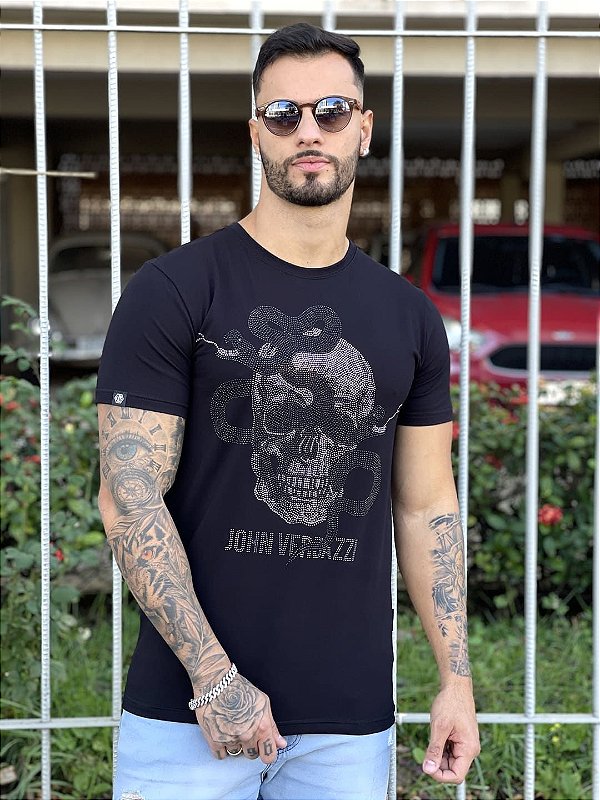 Camiseta Longline Masculina Preta Caveira e Cobra Pedraria - Imperium Store