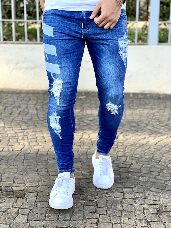 Calça Jeans Masculina Super Skinny Escura Estampa Faixas - Imperium Store |  Loja de roupas multimarcas masculina