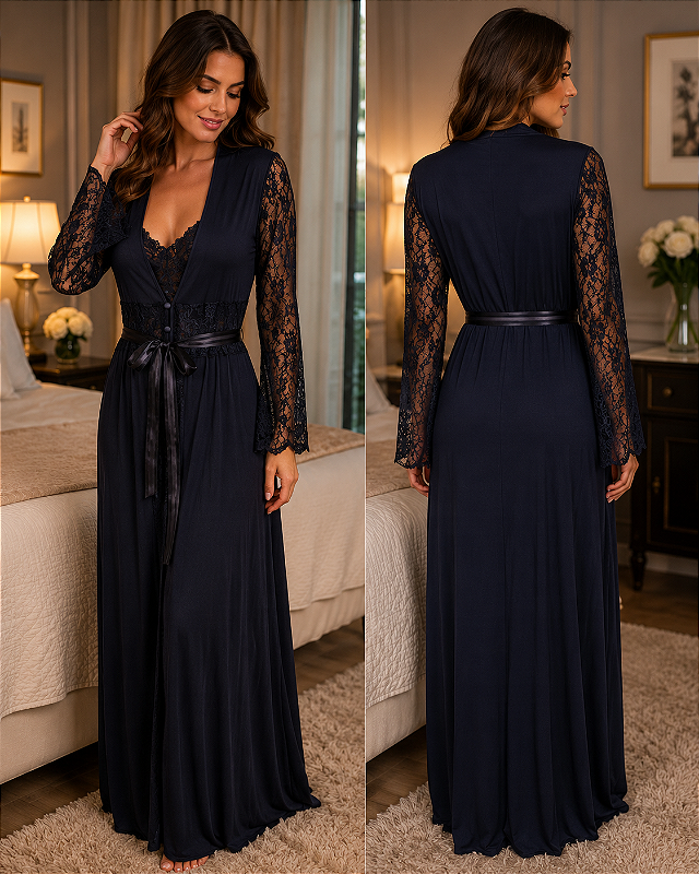 Camisola Longa com Robe Premium Aime Lingerie