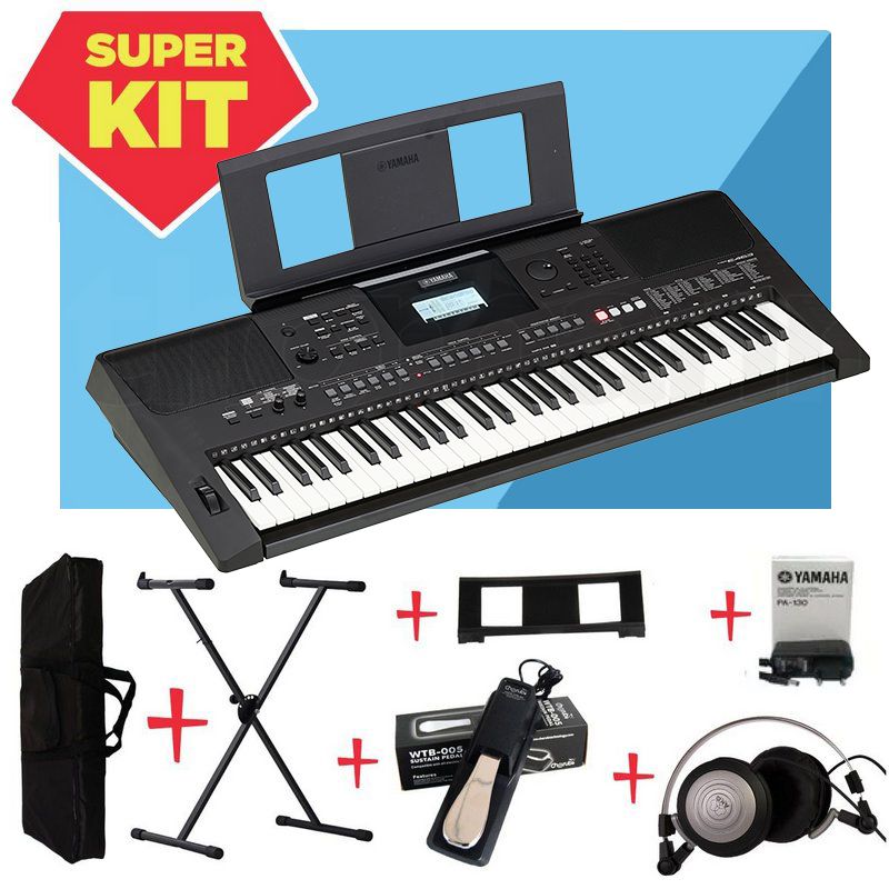 Teclado Yamaha Psr E463 + Suporte + Pedal + Fone Akg K414p - Click Music