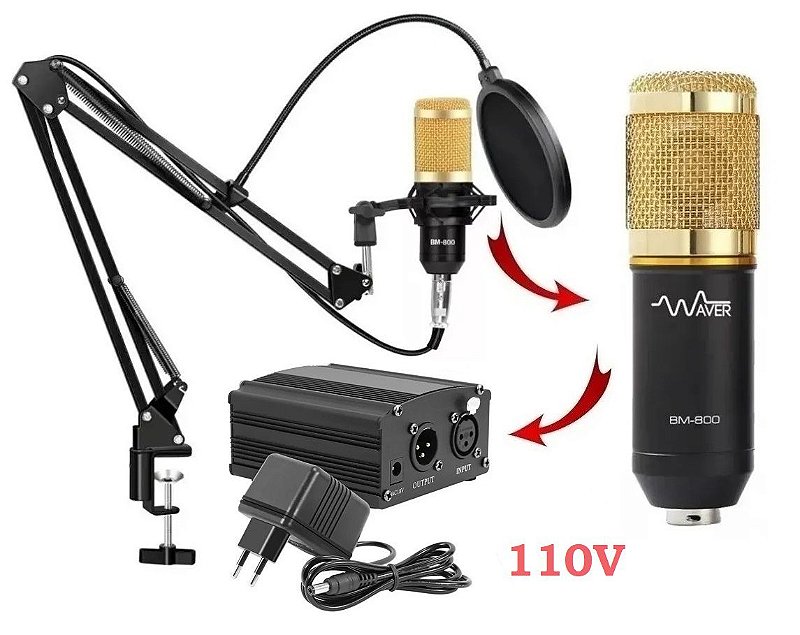 kit Microfone BM-800 Waver + Phantom Power 110v + Suporte Articulado + Pop  Filter - Preto C/ Dourado - Waver - Sua Melhor Experiência de Som