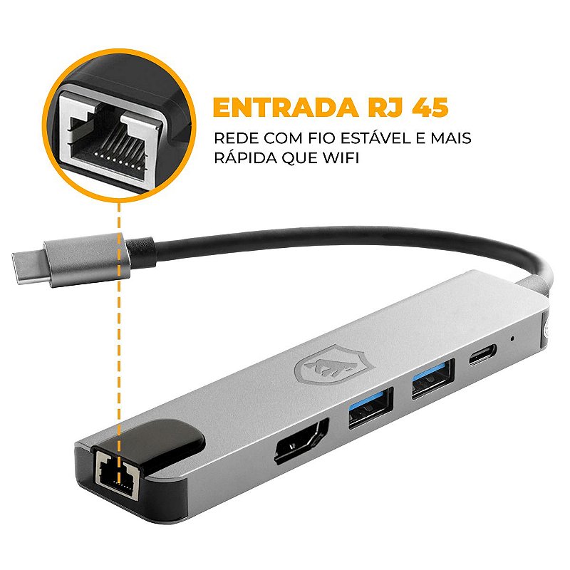 Adaptador de rede RJ45 - Hub 5 em 1 Internet / HDMI para Tipo C - Gshield