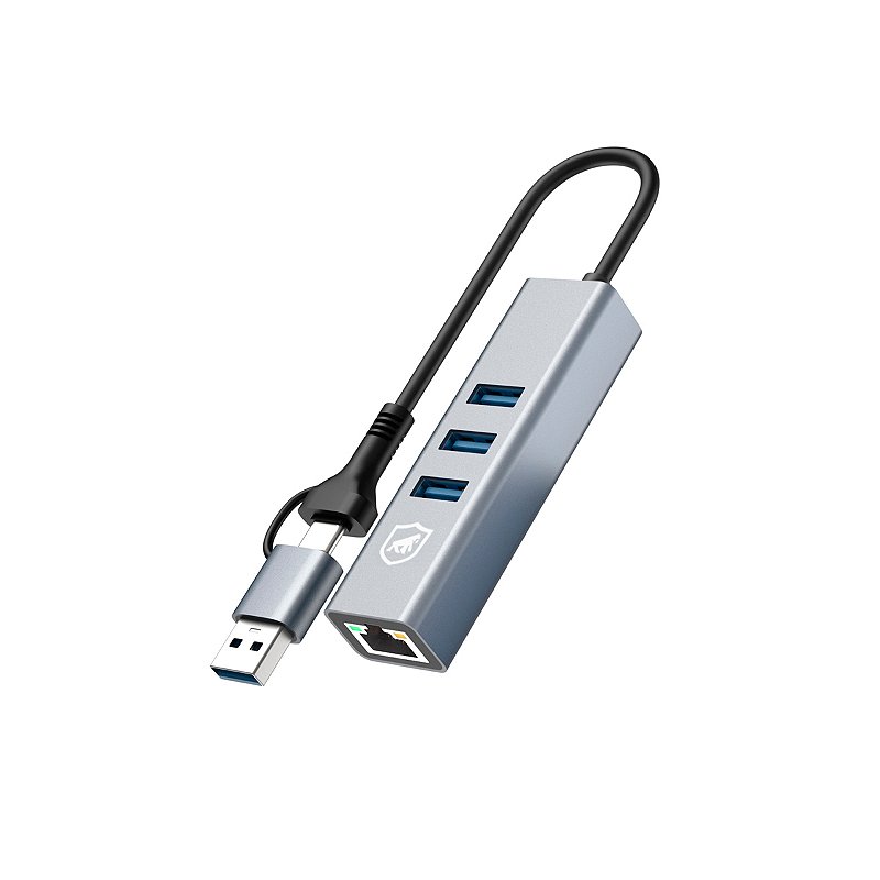 Hub USB-C Multiportas com Adaptador USB-A, Conector Ethernet LAN + 3 Portas USB 3.0 de até 5 Gbps, Liga de Alumínio Portátil para Periféricos, Tablet, Computador e Notebook - Gshield