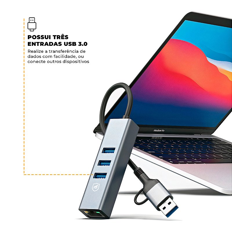Hub USB-C Multiportas com Adaptador USB-A, Conector Ethernet LAN + 3 Portas USB 3.0 de até 5 Gbps, Liga de Alumínio Portátil para Periféricos, Tablet, Computador e Notebook - Gshield - foto 2