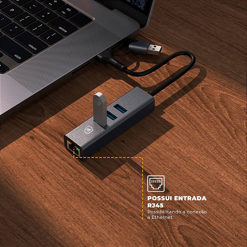 Hub USB-C Multiportas com Adaptador USB-A, Conector Ethernet LAN + 3 Portas USB 3.0 de até 5 Gbps, Liga de Alumínio Portátil para Periféricos, Tablet, Computador e Notebook - Gshield - foto 4