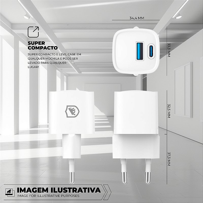 Carregador Turbo Gan Ultra Slim Tipo-C + USB-A 20W - Exclusivo Online - Branco - Gshield - foto 3