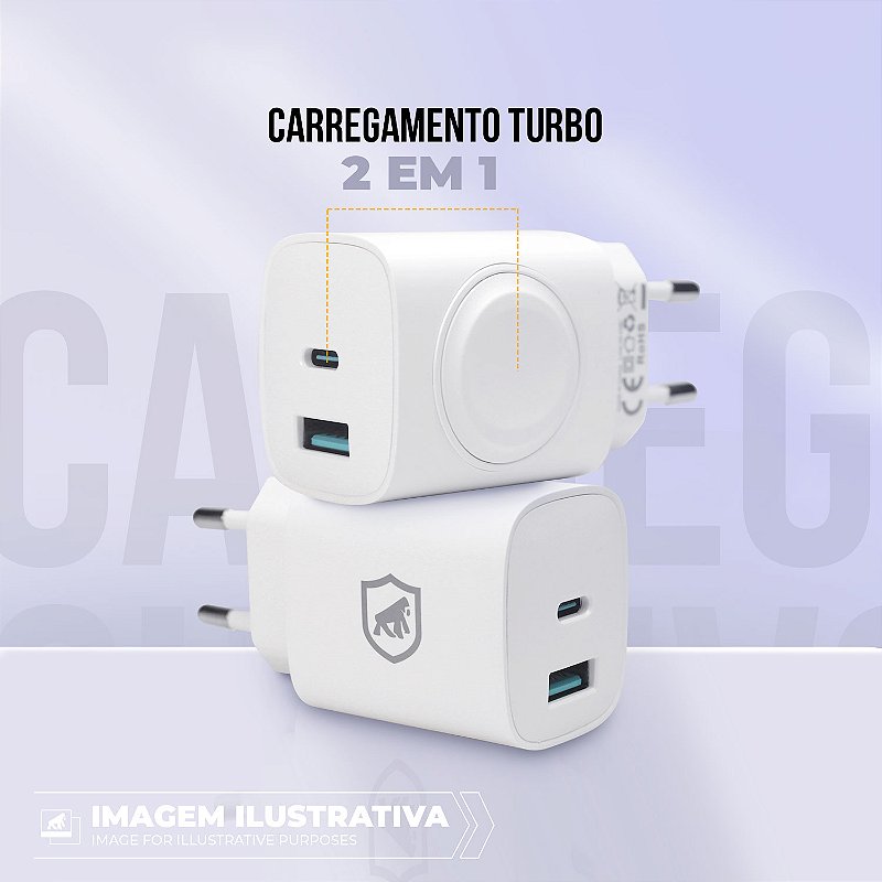 Carregador de Parede Universal Survivor 2 em 1 Power Delivery 23W Tipo C Ultra Rápido + USB A e Base de Carregamento Magnética Sem Fio para Apple Watch - Gshield - foto 3