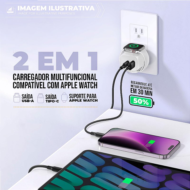 Carregador de Parede Universal Survivor 2 em 1 Power Delivery 23W Tipo C Ultra Rápido + USB A e Base de Carregamento Magnética Sem Fio para Apple Watch - Gshield - foto 4