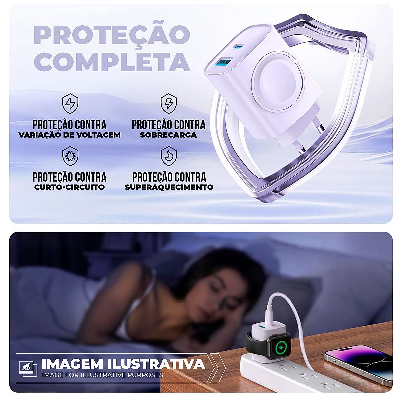 Carregador de Parede Universal Survivor 2 em 1 Power Delivery 23W Tipo C Ultra Rápido + USB A e Base de Carregamento Magnética Sem Fio para Apple Watch - Gshield - foto 7