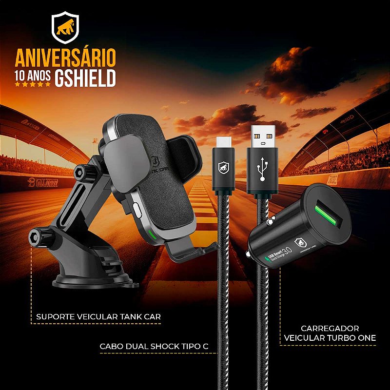 Kit Suporte Veicular Tank Car Automatic + Cabo Turbo Militar - 1,5M - Tipo C / USB-A + Carregador Veicular Turbo One - Gshield