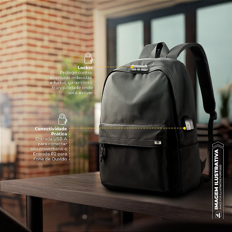 Mochila Casual para Notebook até 15,6" com Cadeado Antifurto e Bolso Invisível, Entradas Aux. USB e Fone P2, Ajuste Lateral de Expansão, resistência à água - 20 Litros - Flex - Gshield