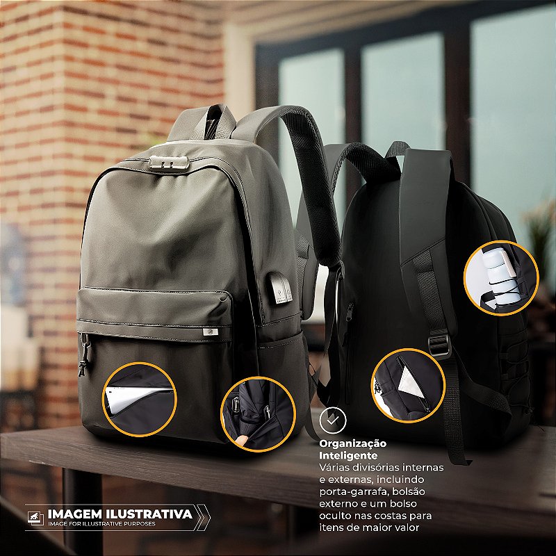 Mochila Casual para Notebook até 15,6" com Cadeado Antifurto e Bolso Invisível, Entradas Aux. USB e Fone P2, Ajuste Lateral de Expansão, resistência à água - 20 Litros - Flex - Gshield