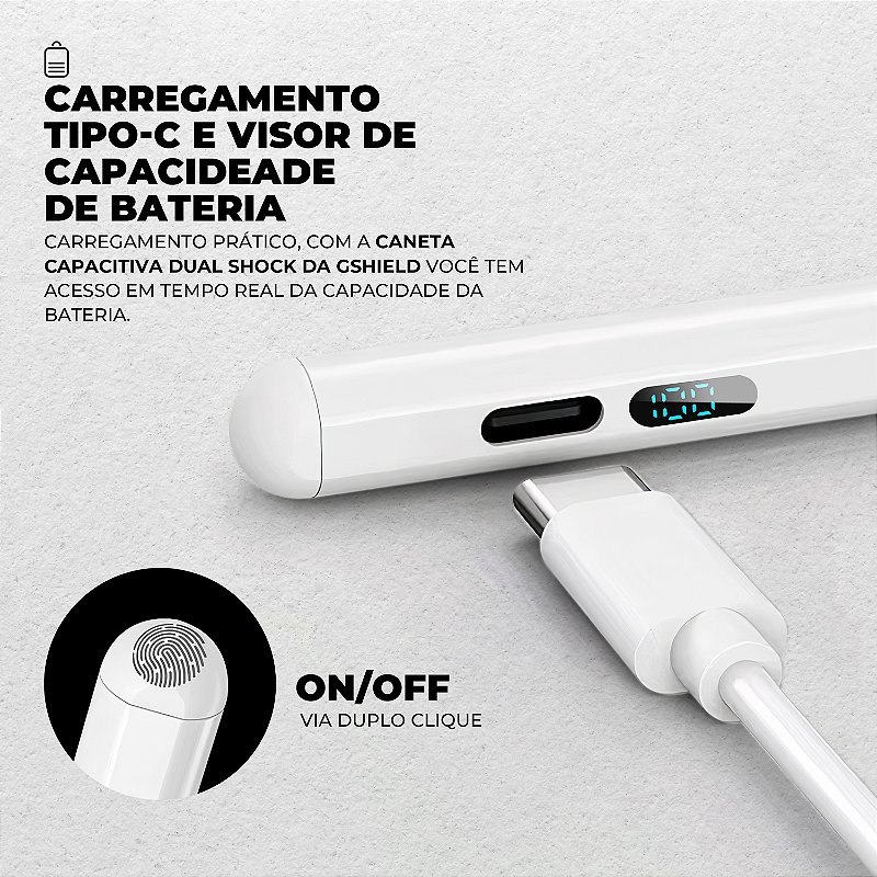 Caneta Touch Capacitiva com Visor - Palm Rejection - Dual Shock - Branca - Gshield