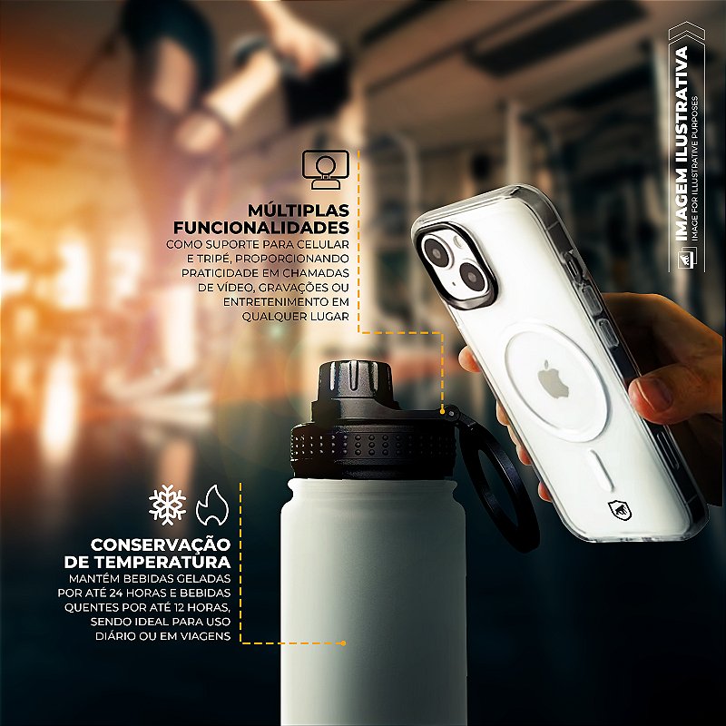 Garrafa Térmica com Suporte MagSafe, Aço Inoxidável, Bebidas Geladas por 24h e Quentes por 12h, Ideal para Treinos e Uso Diário - 540ml - Branca -  MagRing - Gshield - foto 5
