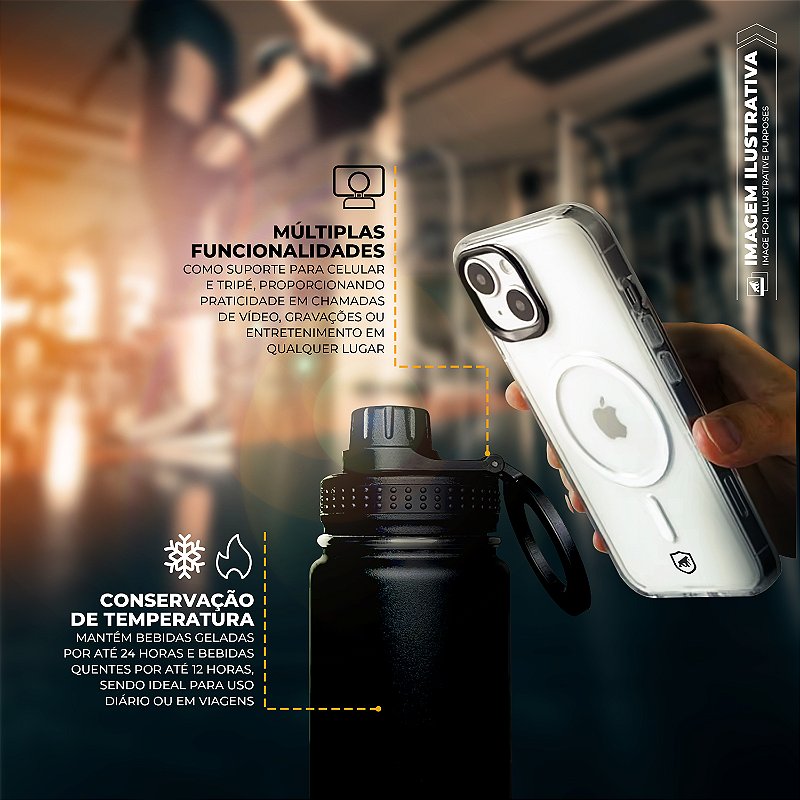 Garrafa Térmica com Suporte MagSafe, Aço Inoxidável, Bebidas Geladas por 24h e Quentes por 12h, Ideal para Treinos e Uso Diário - 950ml - Preta - MagRing - Gshield - foto 5