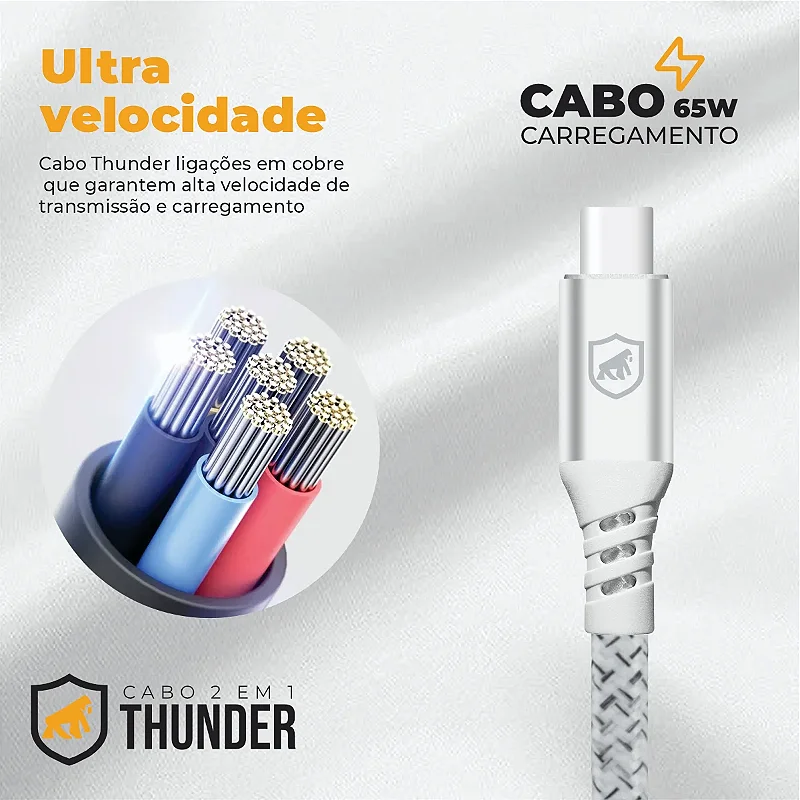 Carregador Turbo Duplo Tipo C + 2UN Cabo Thunder 65W 2 em 1 Tipo C - 1M - Gshield
