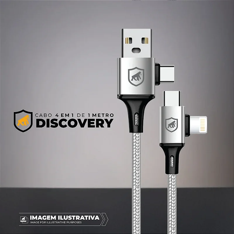 Cabo 4 em 1 - Carregamento Rápido 65W - USB-A, Tipo-C e Lightning, Branco - 1M - Discovery - Gshield