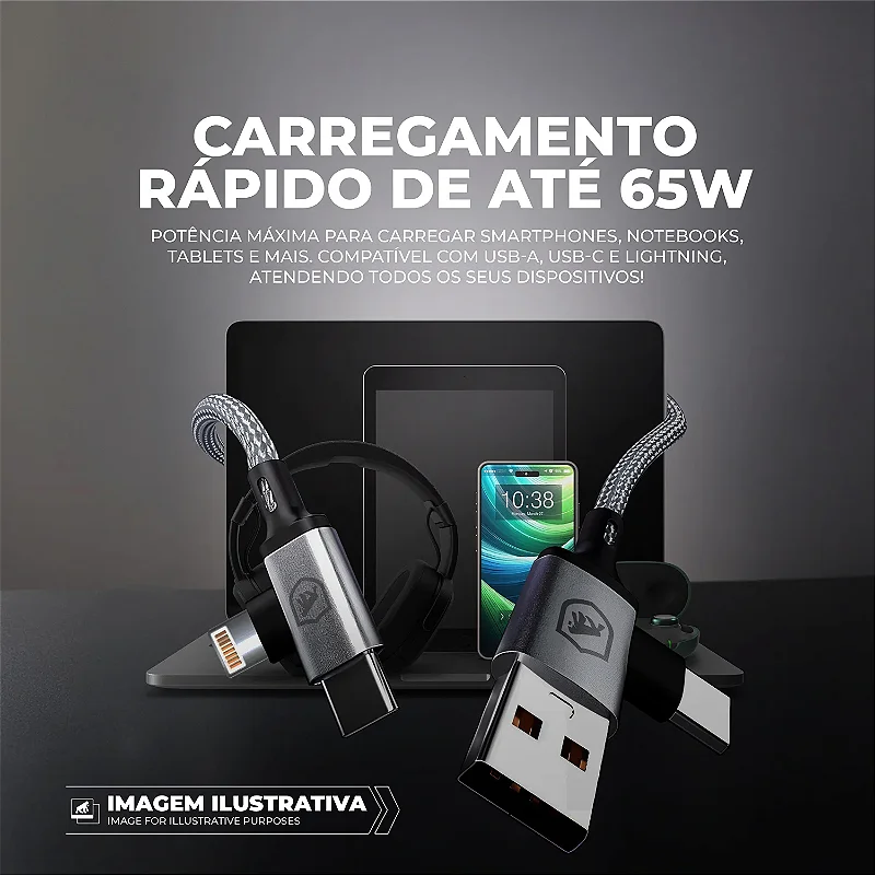 Cabo 4 em 1 - Carregamento Rápido 65W - USB-A, Tipo-C e Lightning, Branco - 1M - Discovery - Gshield