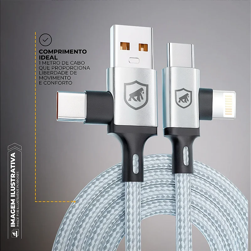 Cabo 4 em 1 - Carregamento Rápido 65W - USB-A, Tipo-C e Lightning, Branco - 1M - Discovery - Gshield