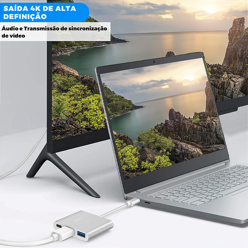 Adaptador 3 em 1 - Tipo C / HDMI / USB-A 3.0 - Type C - Verde