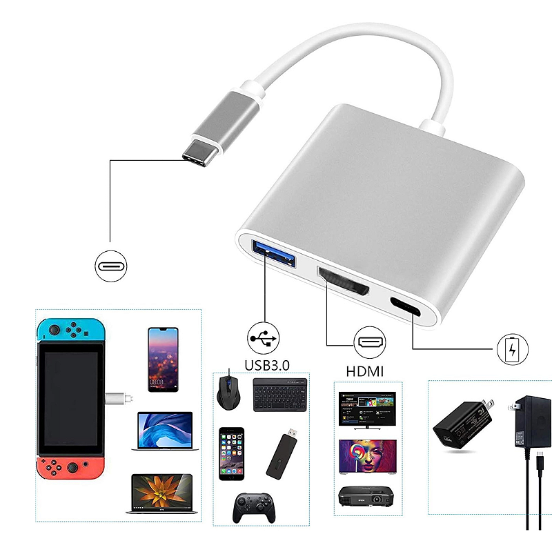 Adaptador 3 em 1 - Tipo C / HDMI / USB-A 3.0 - Type C - Verde