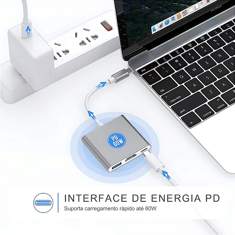 Adaptador 3 em 1 - Tipo C / HDMI / USB-A 3.0 - Type C - Verde