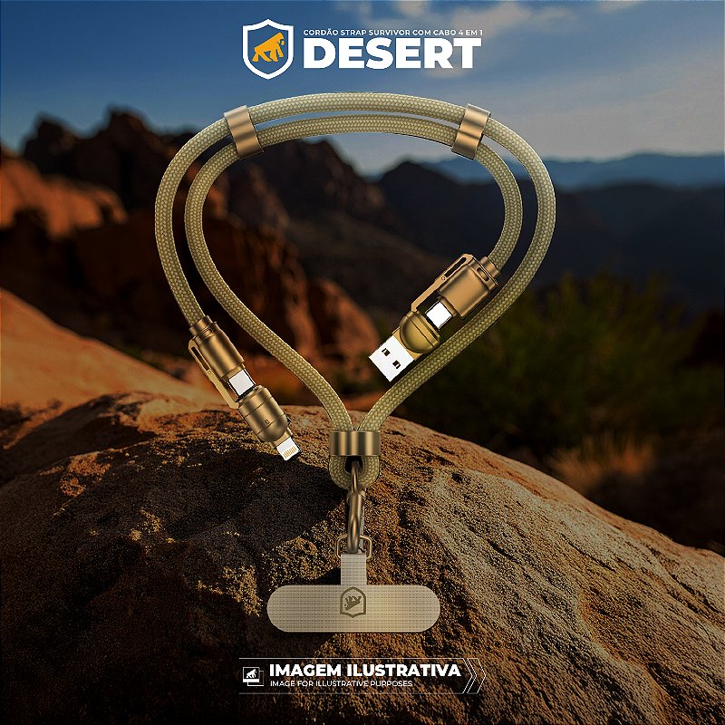 Cordão de Pescoço para Celular com Cabo USB-A / Tipo C / Lightning 240W - 1,5M - Desert - Titanium - Gshield