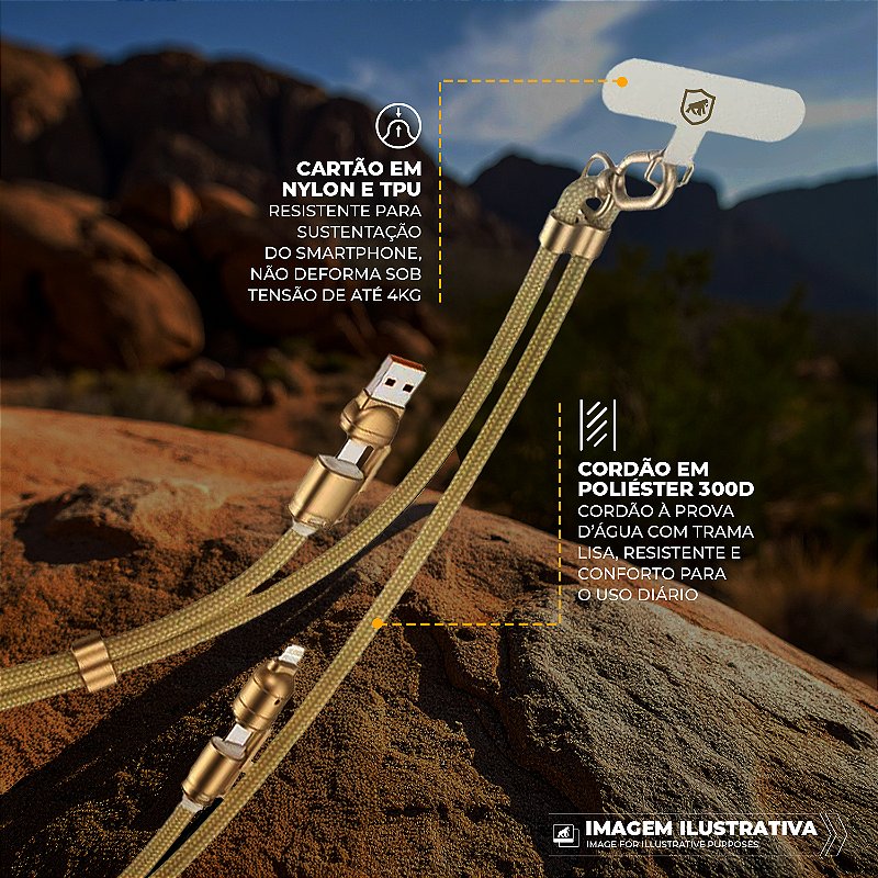 Cordão de Pescoço para Celular com Cabo USB-A / Tipo C / Lightning 240W - 1,5M - Desert - Titanium - Gshield