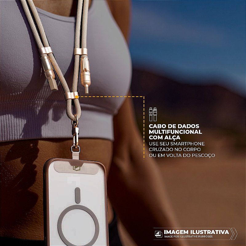 Cordão de Pescoço para Celular com Cabo USB-A / Tipo C / Lightning 240W - 1,5M - Desert - Titanium - Gshield