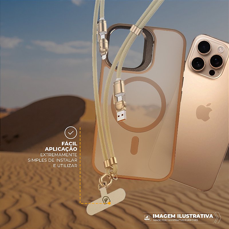 Cordão de Pescoço para Celular com Cabo USB-A / Tipo C / Lightning 240W - 1,5M - Desert - Titanium - Gshield
