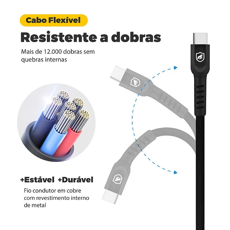 Cabo Dual Shock USB-A / Tipo C - Preto - 2 metros - Gshield
