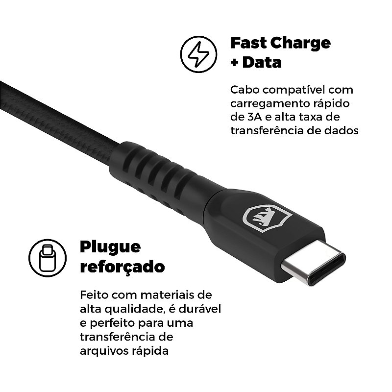 Cabo Dual Shock USB-A / Tipo C - Preto - 2 metros - Gshield