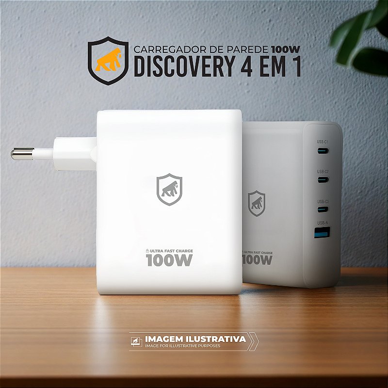 Carregador de Parede Turbo 100W 4 em 1 GaN - 3 Portas USB-C + 1 Porta USB-A - Discovery  - Gshield - foto 6