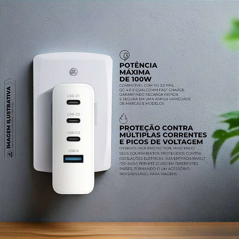 Carregador de Parede Turbo 100W 4 em 1 GaN - 3 Portas USB-C + 1 Porta USB-A - Discovery  - Gshield - foto 2