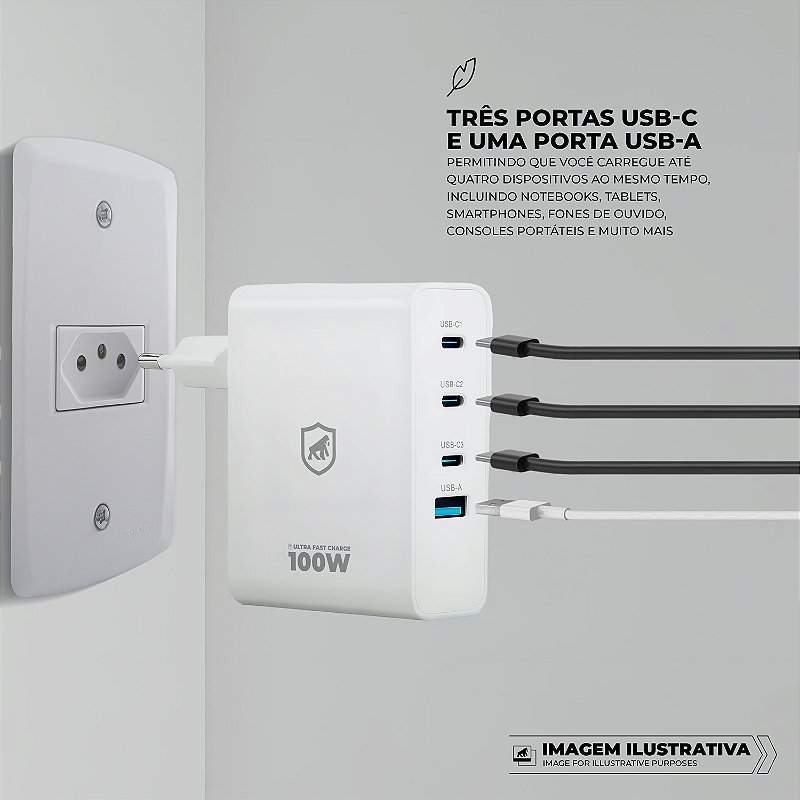 Carregador de Parede Turbo 100W 4 em 1 GaN - 3 Portas USB-C + 1 Porta USB-A - Discovery  - Gshield - foto 4