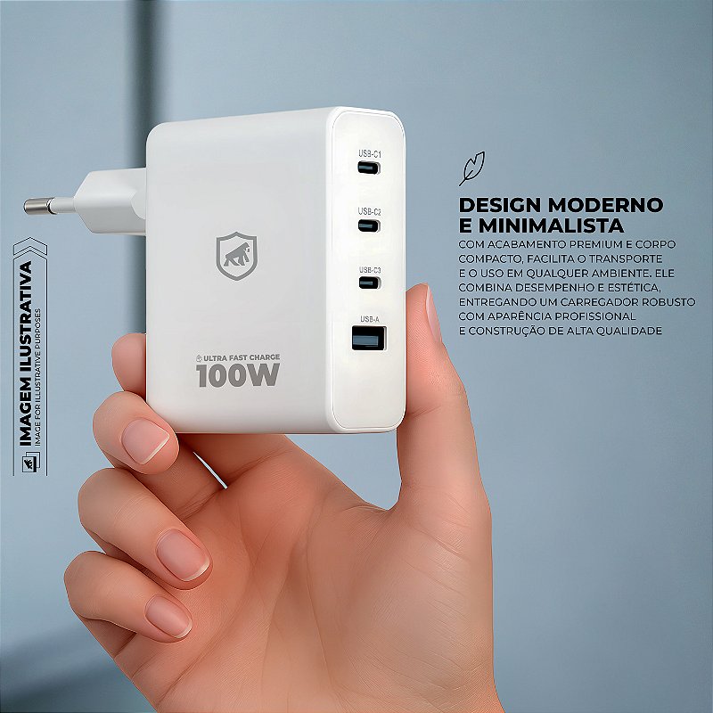 Carregador de Parede Turbo 100W 4 em 1 GaN - 3 Portas USB-C + 1 Porta USB-A - Discovery  - Gshield - foto 5