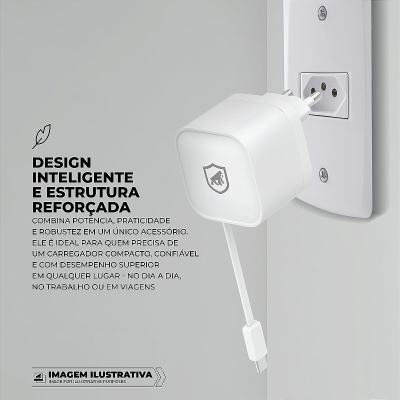 Carregador de Parede Turbo 35W com Cabo Retrátil Tipo C + 1 Entrada USB-A + 1 Entrada USB-C - Raptor - Gshield