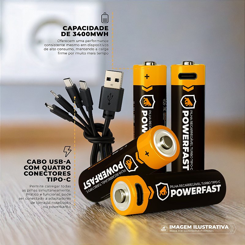 Pilha Recarregável AA Turbo PowerFast - 4 Unidades - Alta Capacidade, Até 1200 Recargas, Ideal para Controles e Eletrônicos - Gshield - foto 2