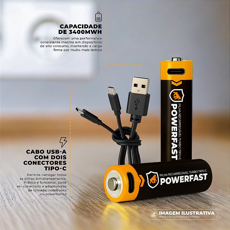 Pilha Recarregável AA Turbo PowerFast - 2 Unidades - Alta Capacidade, Até 1200 Recargas, Ideal para Controles e Eletrônicos - Gshield - foto 2