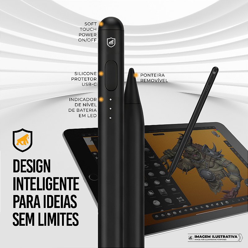 Caneta Touch Capacitiva Pro com Palm Rejection e Traço Adaptável - Preta - Gshield