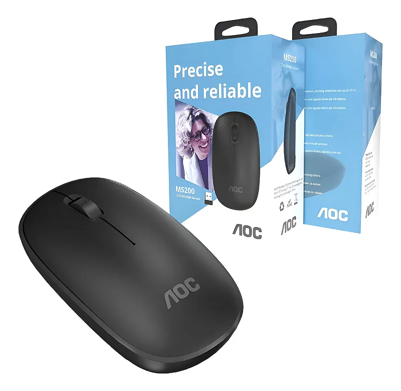 Mouse Óptico Sem Fio Wireless 2.4 Ghz 1600 DPI - Preto - AOC - foto 2