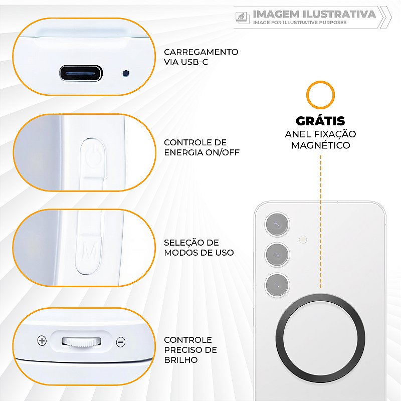 Ring Light Portátil com MagSafe - LED para Selfie, Vídeos e Chamadas, 3 Modos de Luz, Recarregável USB-C - Hybrid - Gshield