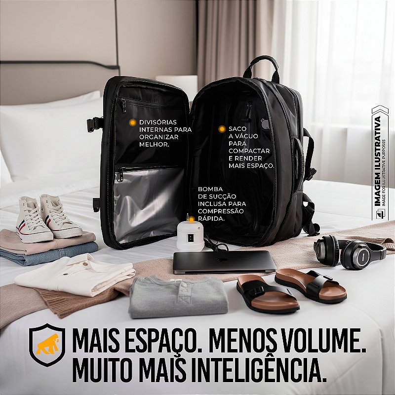Mochila Mala de Mão para Viagem 38 Litros com Compartimento interno a Vácuo e Bomba de Sucção para Notebook até 17'' Expansível, Resistente à Água - Gshield - foto 2
