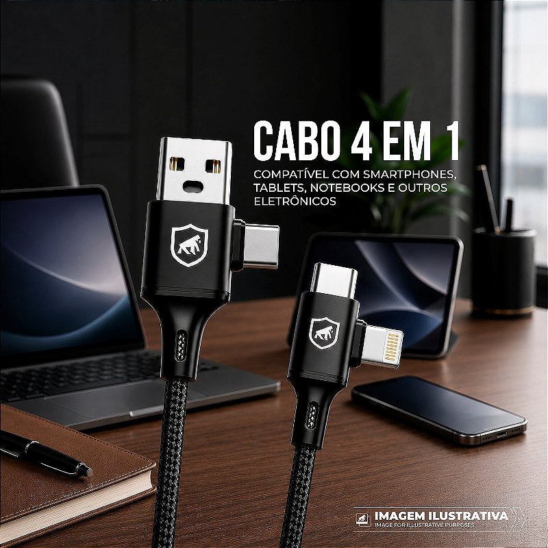 Cabo 4 em 1 - Carregamento Rápido 65W - USB-A, USB-C/Tipo-C e Lightning, Preto - 1M - Discovery - Gshield - foto 5