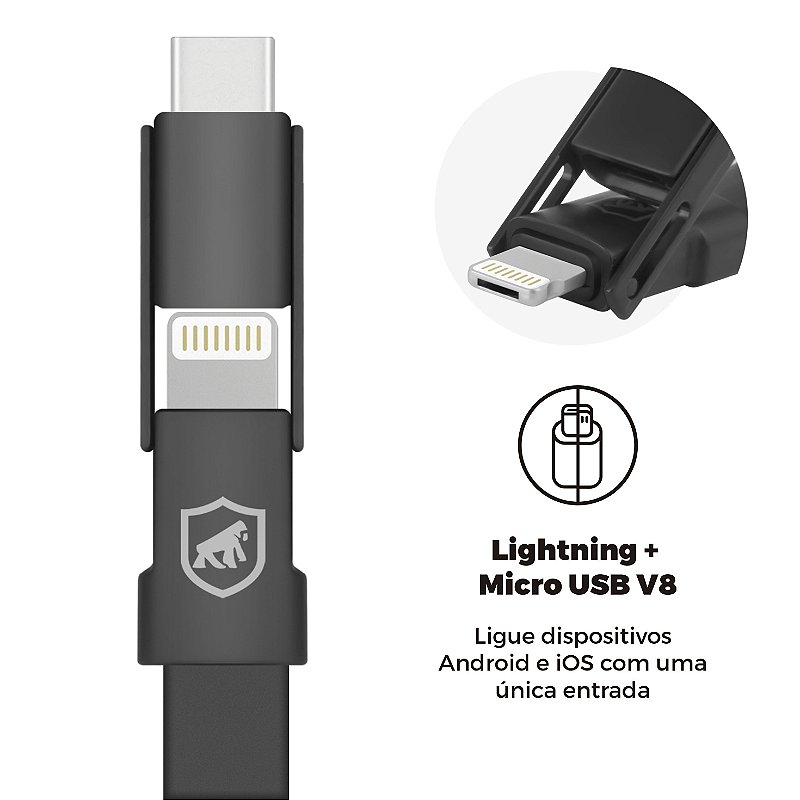 Cabo curto Slim 3 em 1 - Micro USB / Lightning / Tipo C - Gshield - foto 4