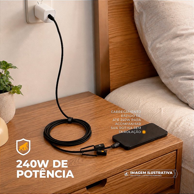 Cabo Multifuncional 3 em 1 Tipo C/ Tipo C 1.2 metros Carregamento até 240W com Lanterna LED e Acendedor Elétrico - Hydra - Gshield - foto 3